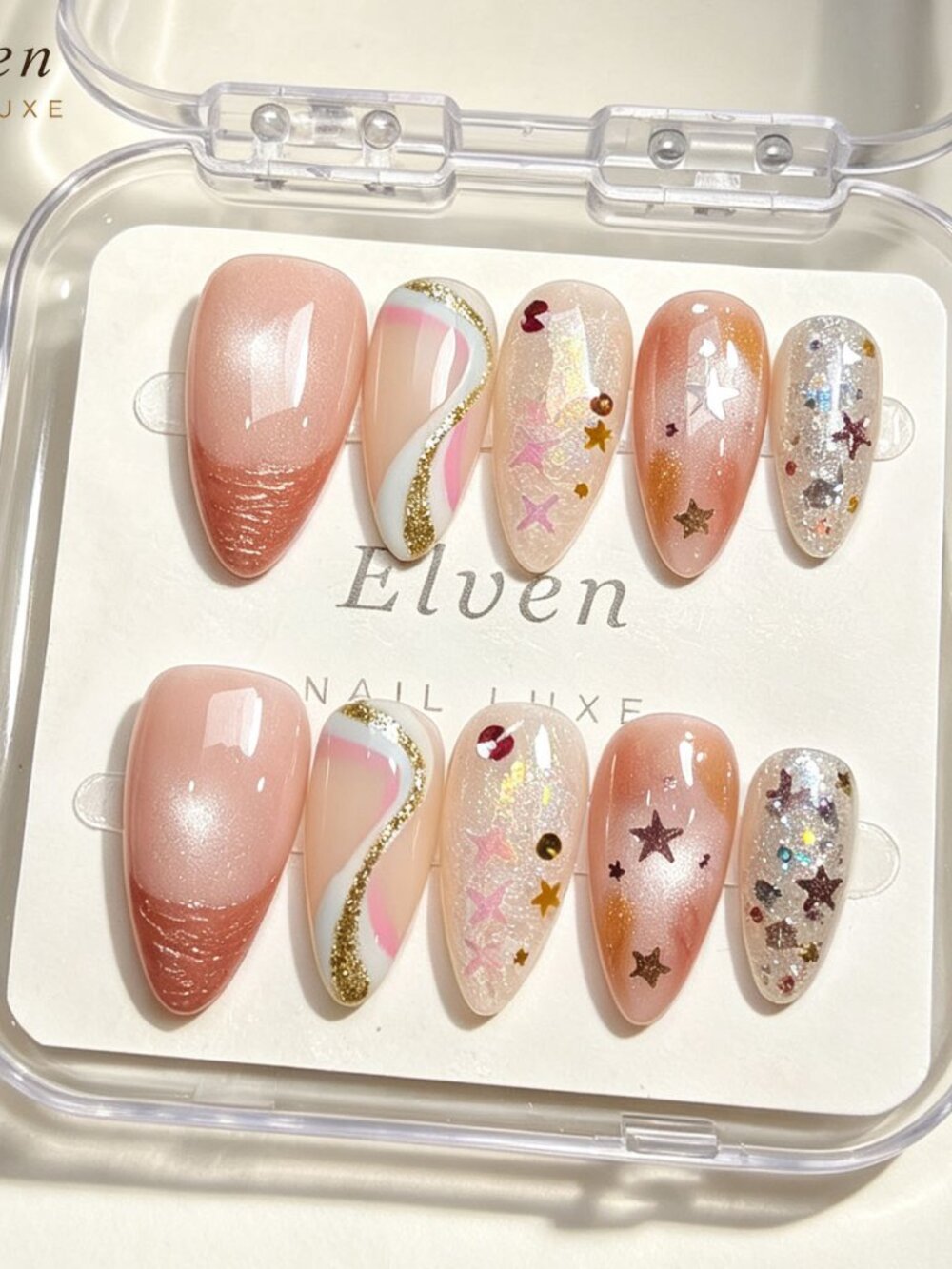Dreamy Pastel Medium Almond Press On Nails | Peach Cat-Eye Star Glitter Reusable